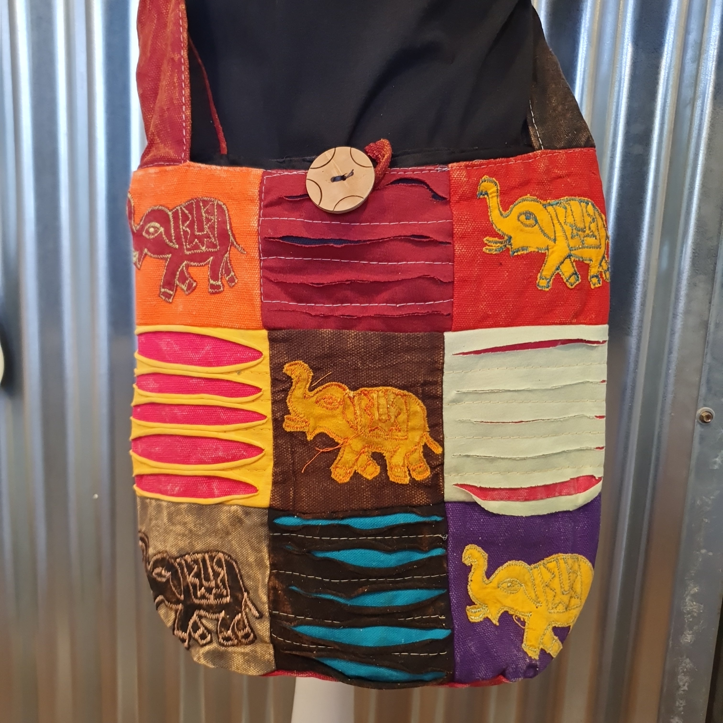 Large Handmade Patchwork Shoulder Bag from India - Elephants