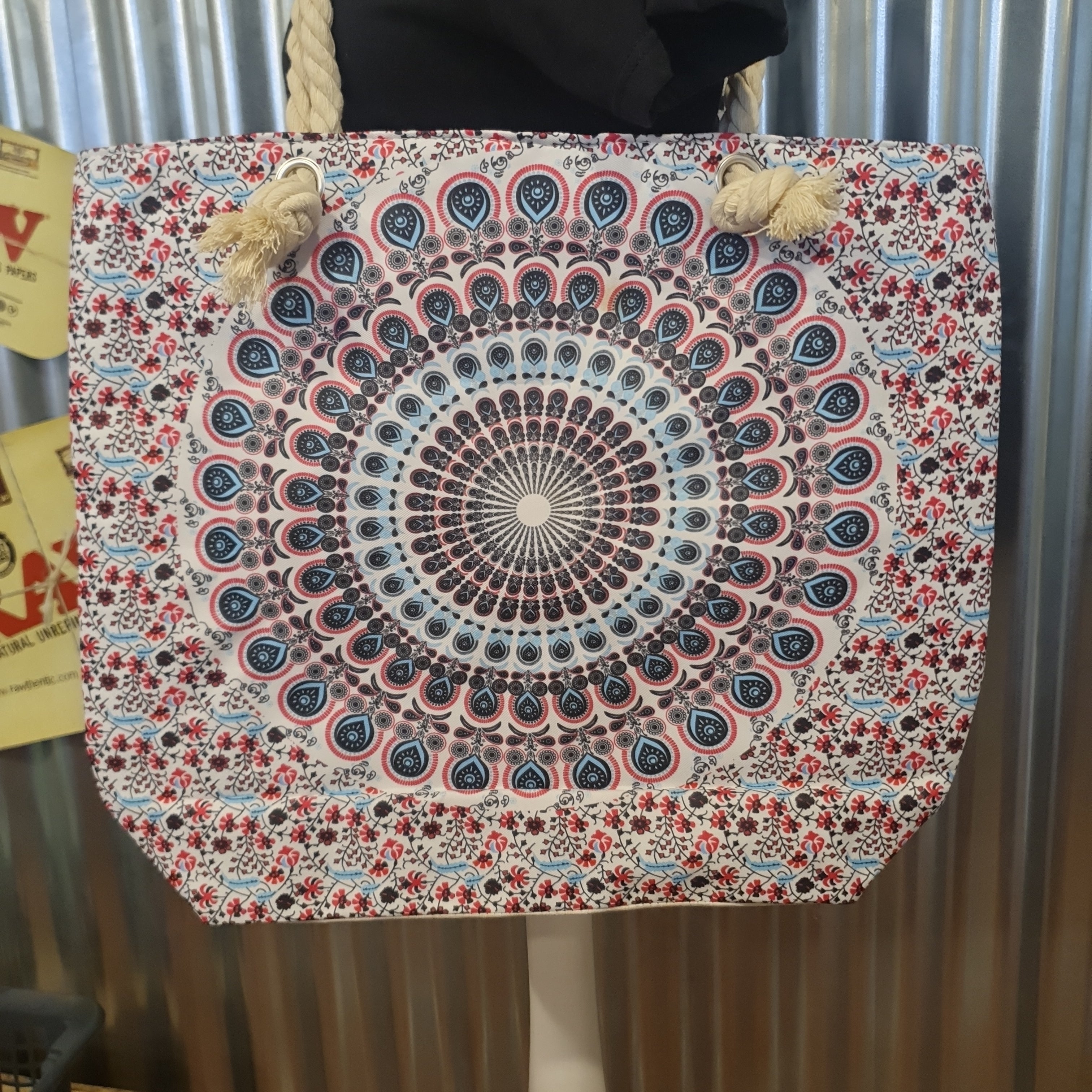 Large Mandala Beach Bag with Rope Handles - Electric Blue