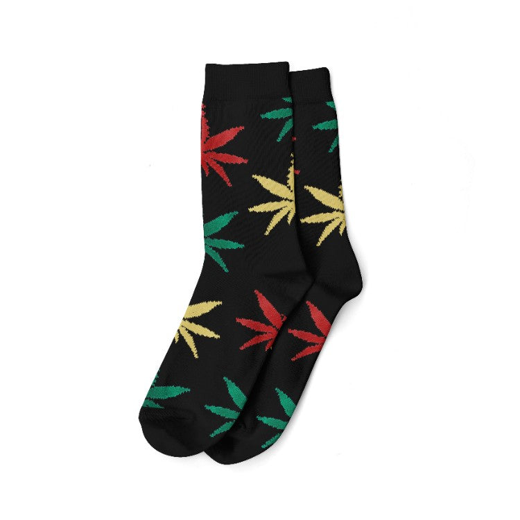 LONG SOCKS-SIZE(36-42) - Black with Red, Yellow & Green Leaves